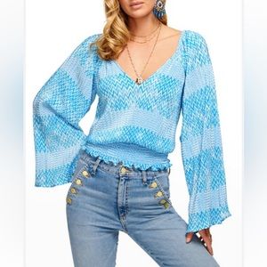 Ramy Brook Stella Chevron V-Neck Bell Sleeve Top Size XS Boho Retro Vibrant Blue
